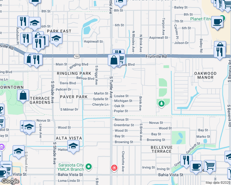 map of restaurants, bars, coffee shops, grocery stores, and more near 2824 Sequoia Ln in Sarasota