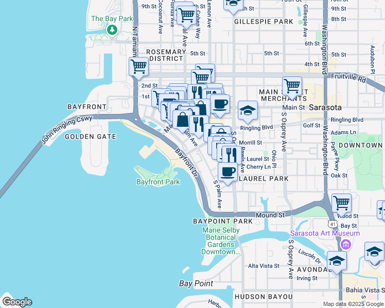map of restaurants, bars, coffee shops, grocery stores, and more near 301 South Gulfstream Avenue in Sarasota