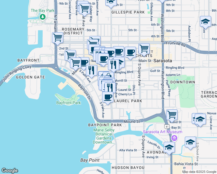 map of restaurants, bars, coffee shops, grocery stores, and more near 1530 Dolphin Street in Sarasota
