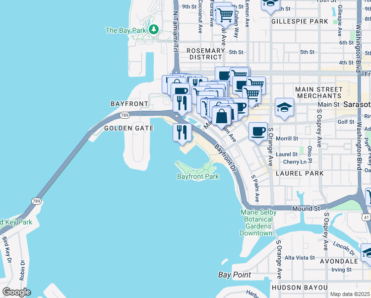 map of restaurants, bars, coffee shops, grocery stores, and more near 2 Marina Plaza in Sarasota