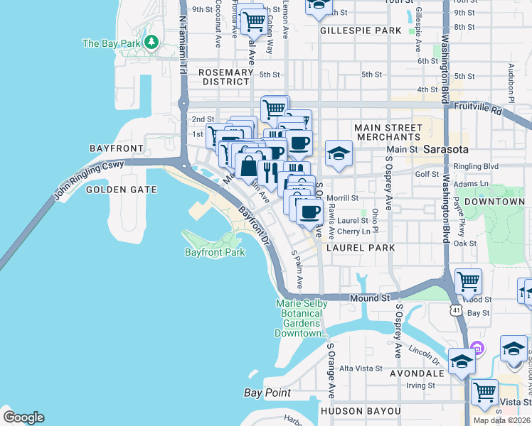 map of restaurants, bars, coffee shops, grocery stores, and more near 301 South Gulfstream Avenue in Sarasota