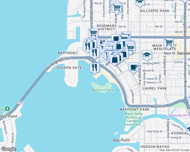 map of restaurants, bars, coffee shops, grocery stores, and more near 2 Marina Plaza in Sarasota