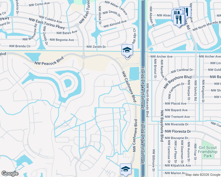 map of restaurants, bars, coffee shops, grocery stores, and more near 115 Northwest Madison Court in Port St. Lucie