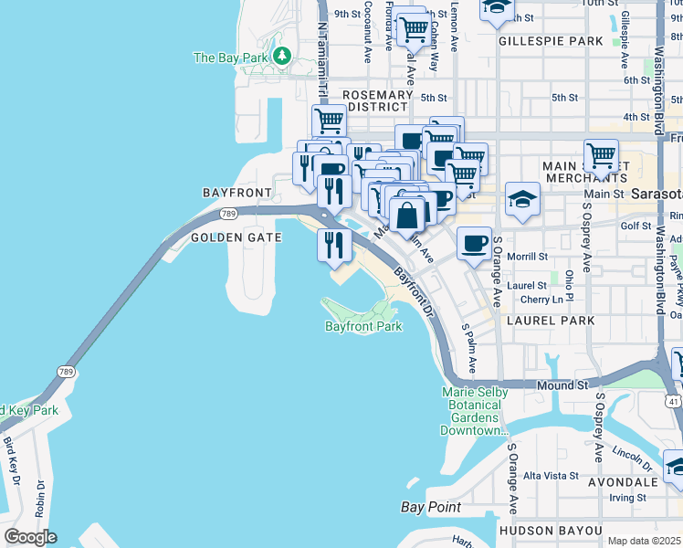 map of restaurants, bars, coffee shops, grocery stores, and more near 2 Marina Plaza in Sarasota