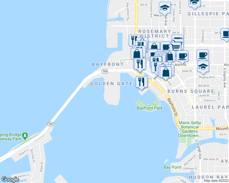 map of restaurants, bars, coffee shops, grocery stores, and more near 522 Golden Gate Point in Sarasota
