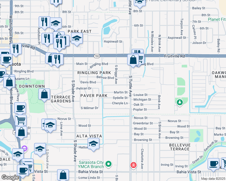 map of restaurants, bars, coffee shops, grocery stores, and more near 2665 Martin Street in Sarasota