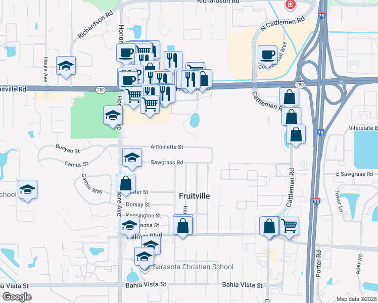 map of restaurants, bars, coffee shops, grocery stores, and more near 5534 Antoinette Street in Sarasota
