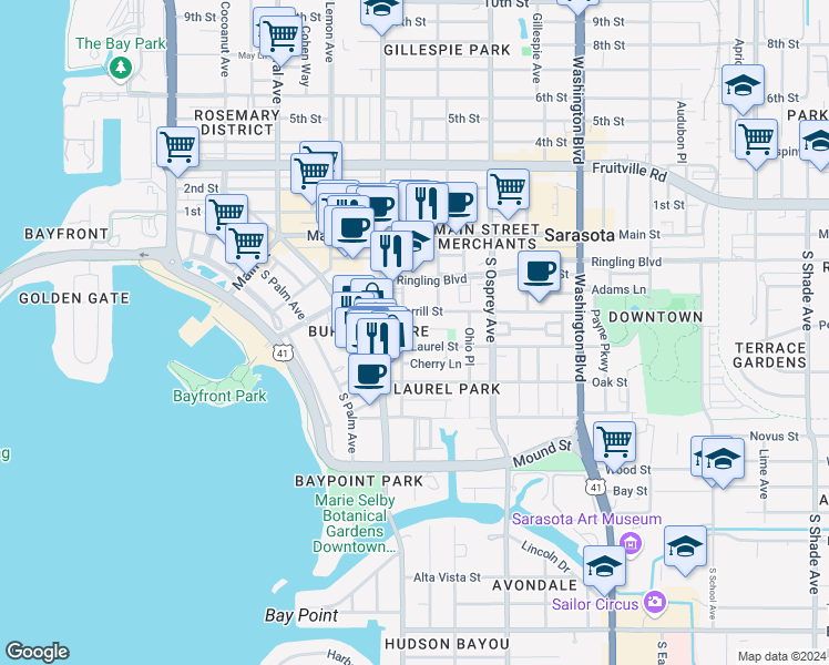 map of restaurants, bars, coffee shops, grocery stores, and more near 1644 Dolphin Lane in Sarasota