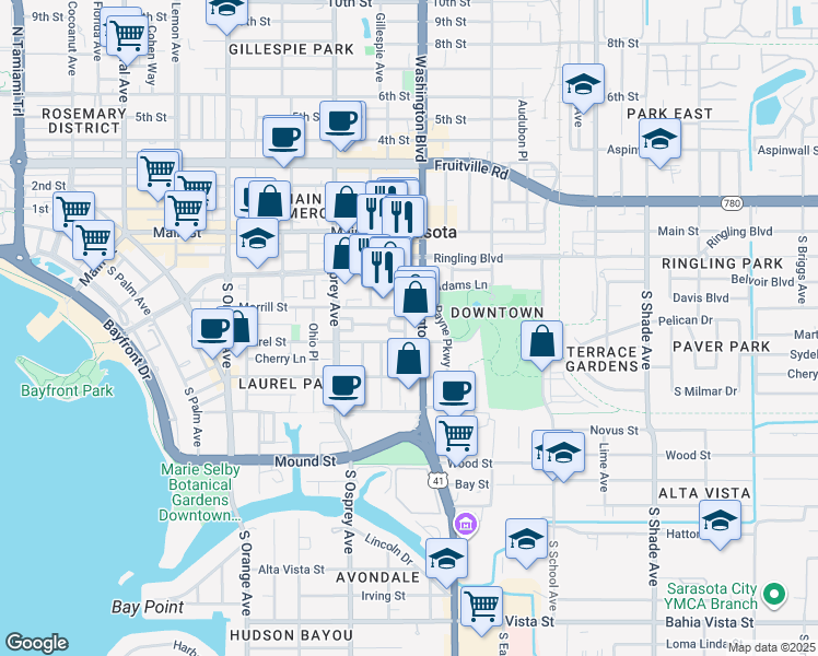 map of restaurants, bars, coffee shops, grocery stores, and more near 405 Julia Place in Sarasota