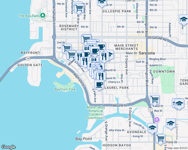 map of restaurants, bars, coffee shops, grocery stores, and more near in Sarasota