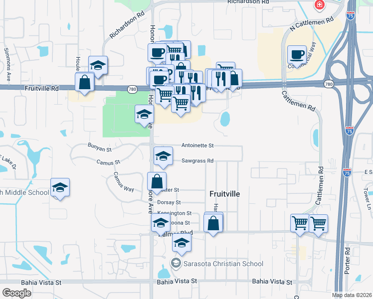 map of restaurants, bars, coffee shops, grocery stores, and more near 5424 Antoinette Street in Sarasota