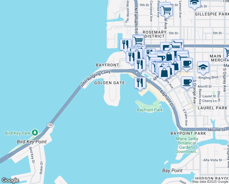 map of restaurants, bars, coffee shops, grocery stores, and more near 531 Golden Gate Point in Sarasota