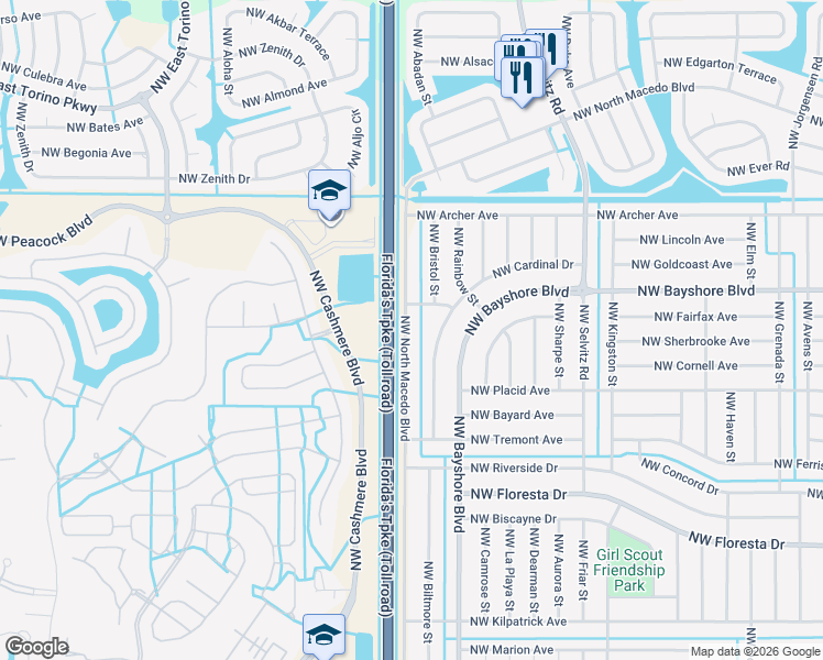 map of restaurants, bars, coffee shops, grocery stores, and more near 663 Northwest North Macedo Boulevard in Port St. Lucie