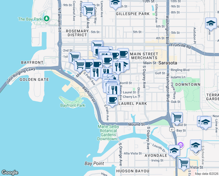 map of restaurants, bars, coffee shops, grocery stores, and more near 1530 Dolphin Street in Sarasota