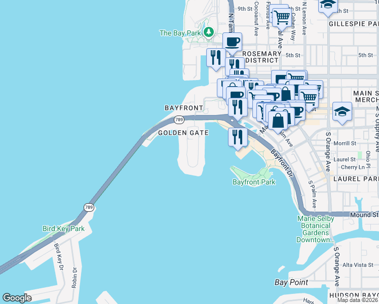 map of restaurants, bars, coffee shops, grocery stores, and more near 280 Golden Gate Point in Sarasota