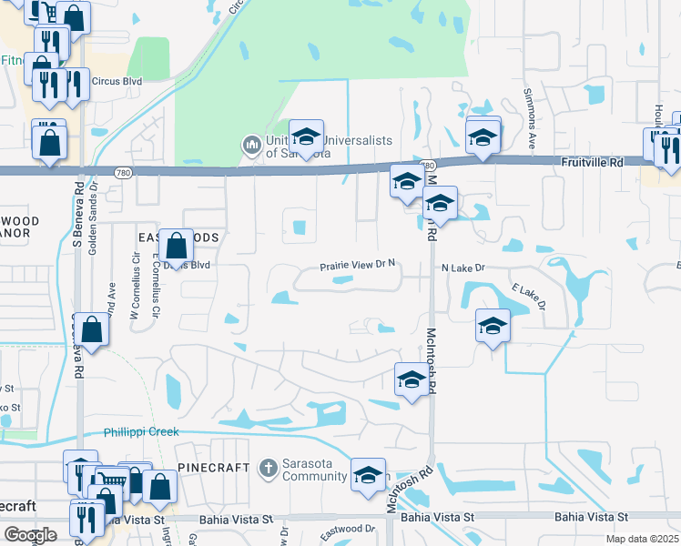 map of restaurants, bars, coffee shops, grocery stores, and more near 4182 Prairie View Drive North in Sarasota