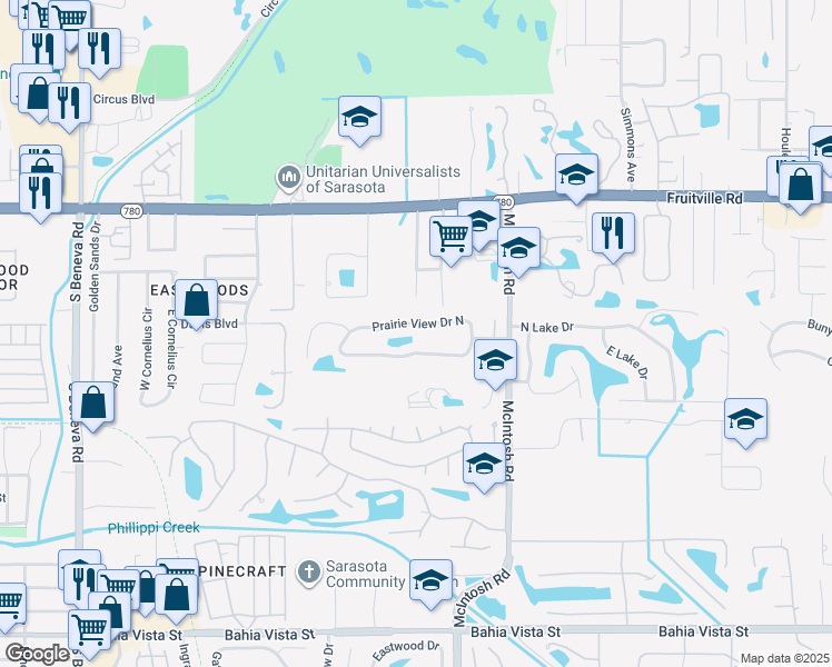 map of restaurants, bars, coffee shops, grocery stores, and more near 4182 Prairie View Drive North in Sarasota