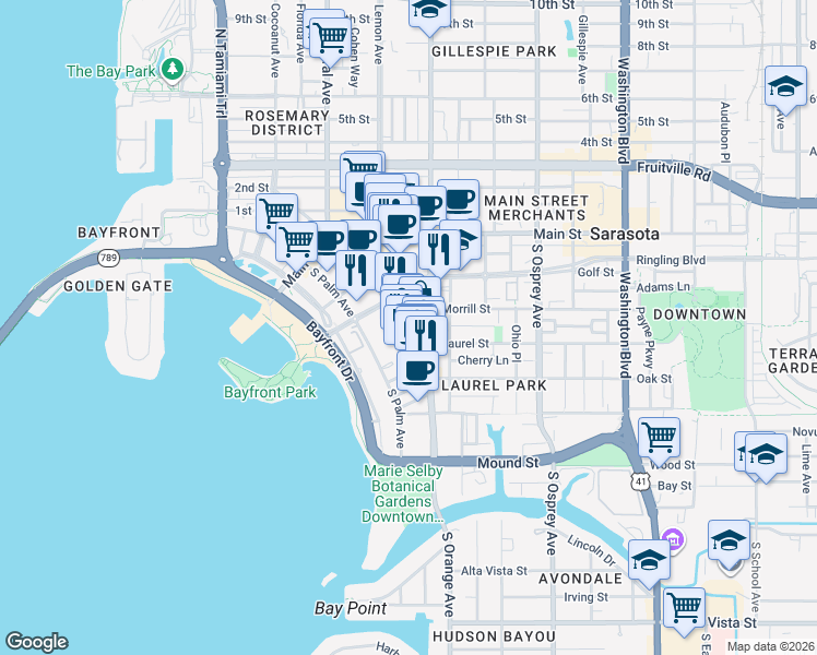 map of restaurants, bars, coffee shops, grocery stores, and more near 1530 Dolphin Street in Sarasota