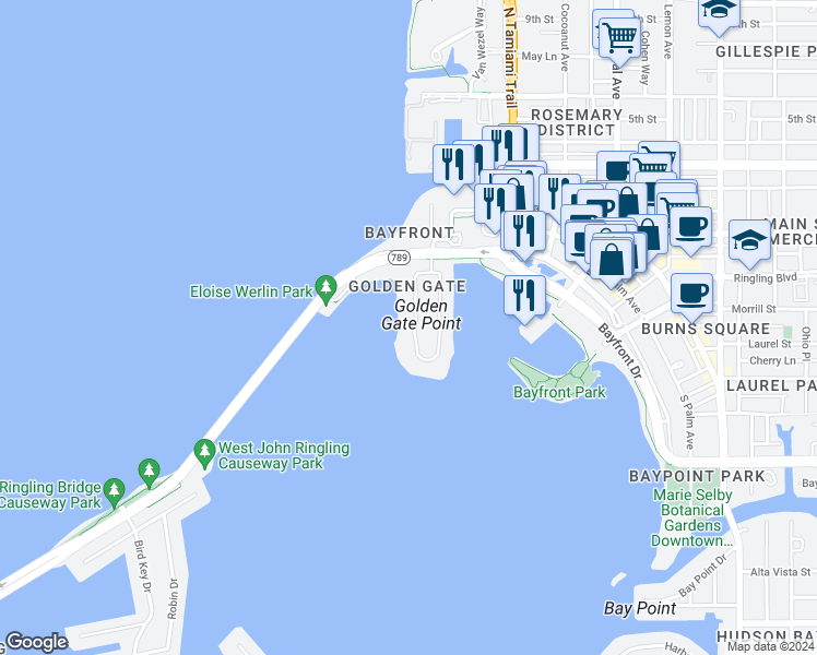 map of restaurants, bars, coffee shops, grocery stores, and more near 280 Golden Gate Point in Sarasota