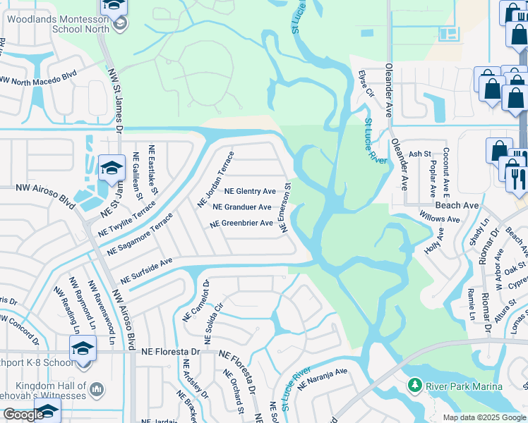 map of restaurants, bars, coffee shops, grocery stores, and more near 365 Northeast Greenbriar Avenue in Port St. Lucie