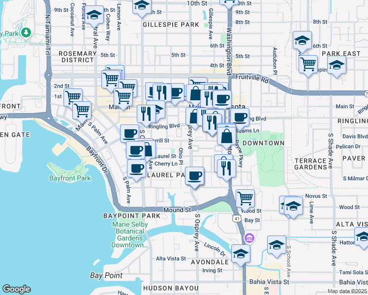 map of restaurants, bars, coffee shops, grocery stores, and more near 422 North Osprey Avenue in Sarasota