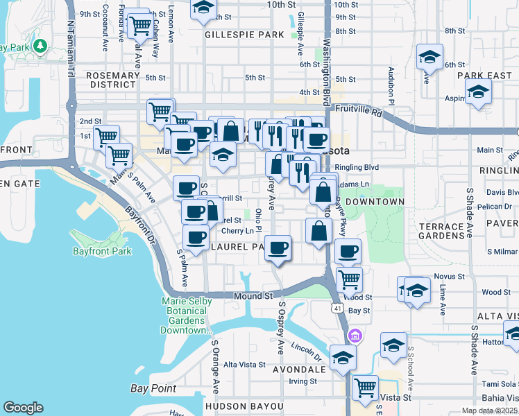 map of restaurants, bars, coffee shops, grocery stores, and more near 422 North Osprey Avenue in Sarasota