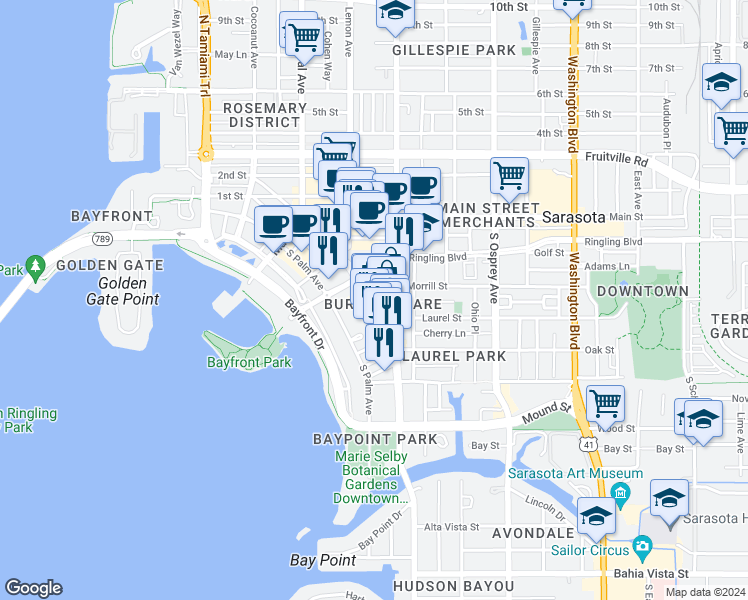 map of restaurants, bars, coffee shops, grocery stores, and more near 1530 Dolphin Street in Sarasota