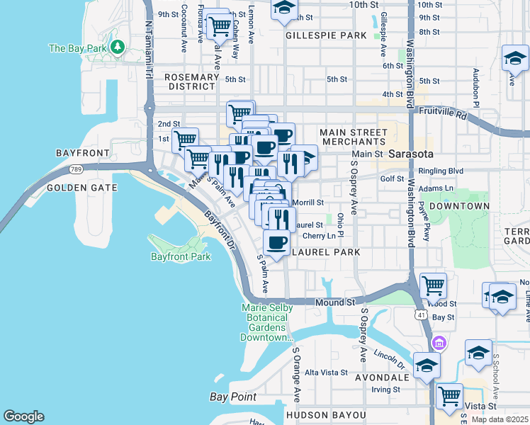 map of restaurants, bars, coffee shops, grocery stores, and more near in Sarasota