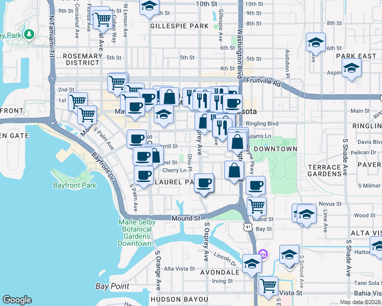 map of restaurants, bars, coffee shops, grocery stores, and more near 422 North Osprey Avenue in Sarasota