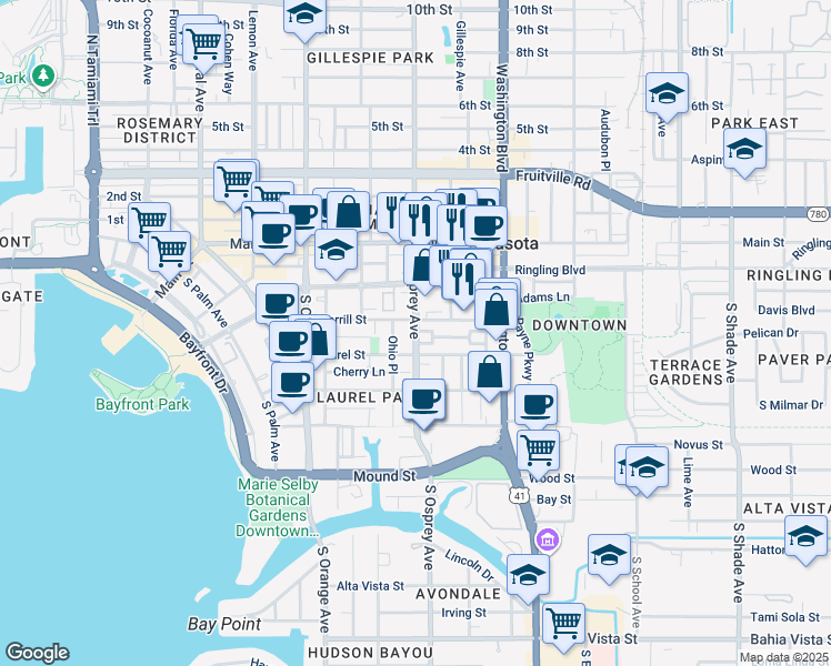 map of restaurants, bars, coffee shops, grocery stores, and more near 422 North Osprey Avenue in Sarasota