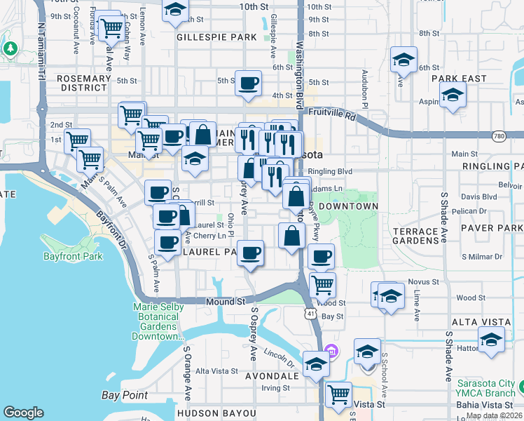 map of restaurants, bars, coffee shops, grocery stores, and more near 1840 Morrill Street in Sarasota
