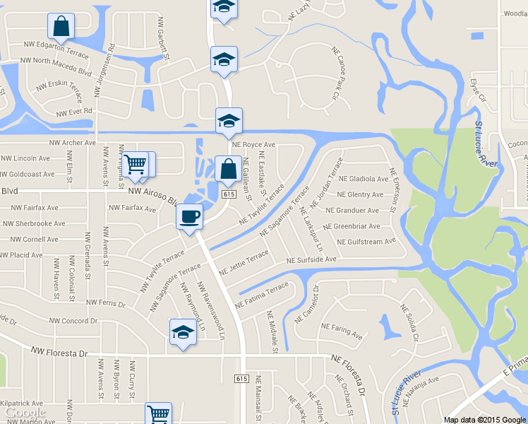 map of restaurants, bars, coffee shops, grocery stores, and more near 128 Northeast Twylite Terrace in Port St. Lucie