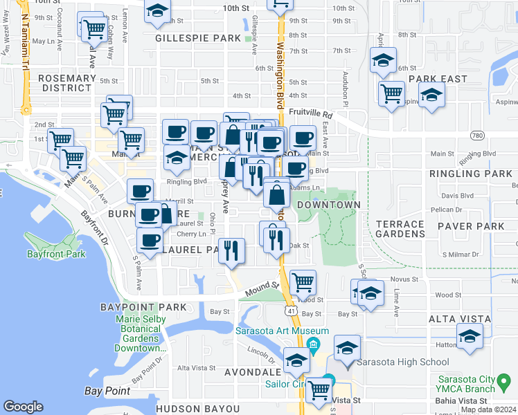 map of restaurants, bars, coffee shops, grocery stores, and more near 1860 Hawkins Court in Sarasota