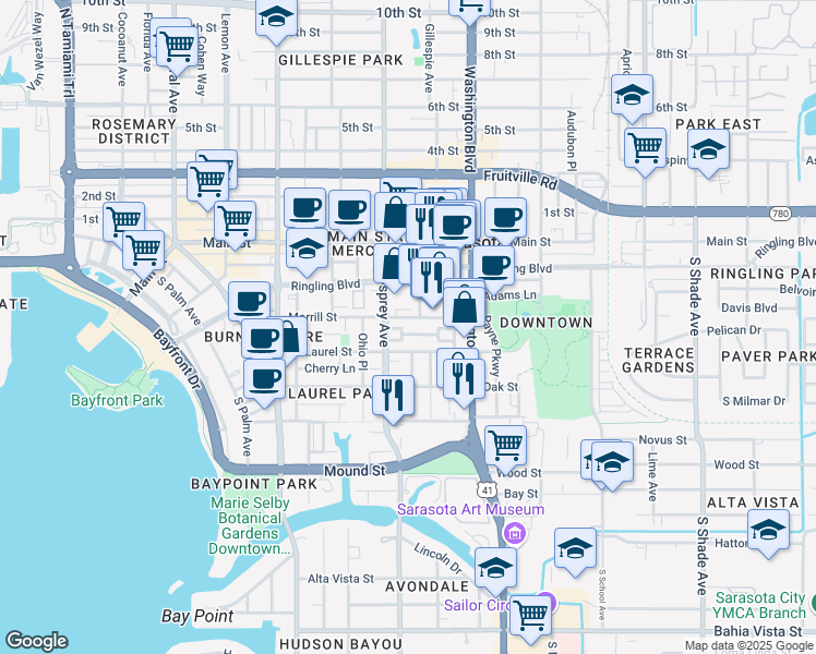map of restaurants, bars, coffee shops, grocery stores, and more near 1860 Hawkins Court in Sarasota