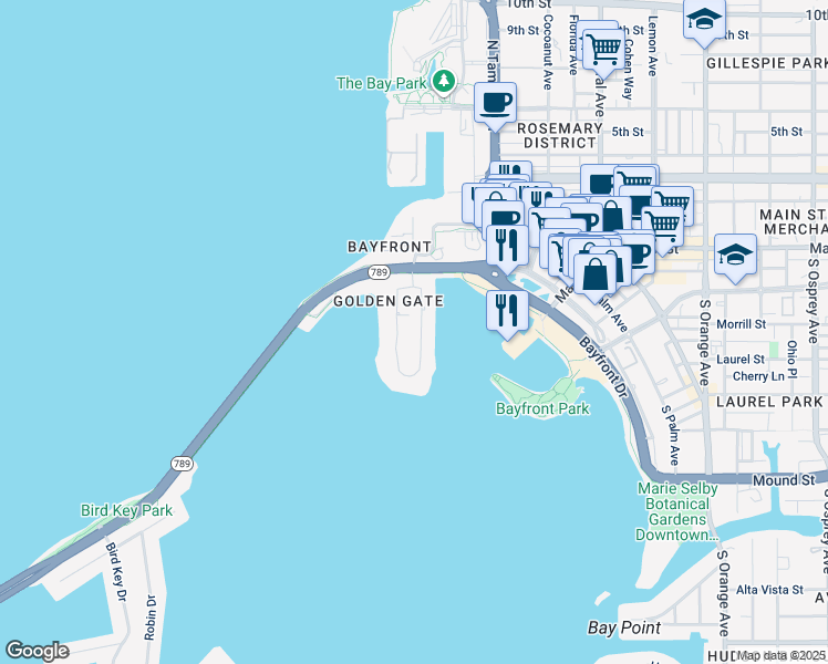 map of restaurants, bars, coffee shops, grocery stores, and more near 565 Golden Gate Point in Sarasota