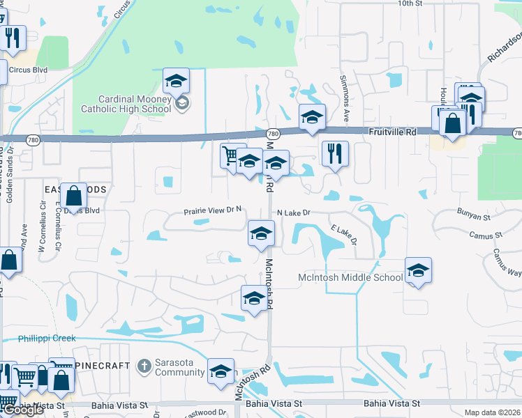 map of restaurants, bars, coffee shops, grocery stores, and more near 266 Chartley Court North in Sarasota