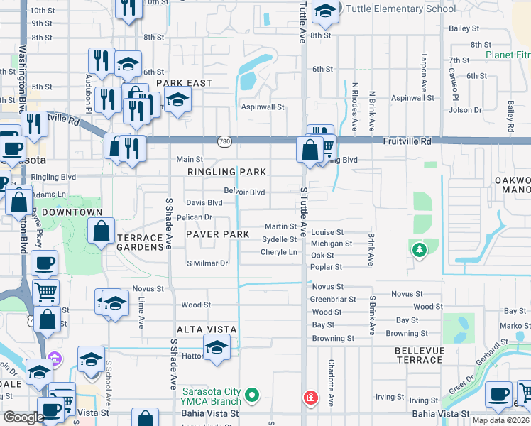 map of restaurants, bars, coffee shops, grocery stores, and more near 2665 Martin Street in Sarasota