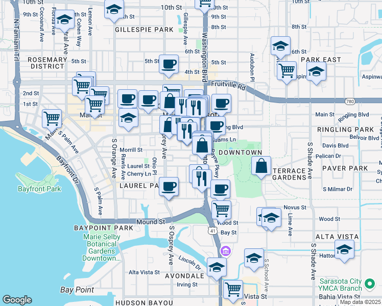 map of restaurants, bars, coffee shops, grocery stores, and more near 405 Julia Place in Sarasota