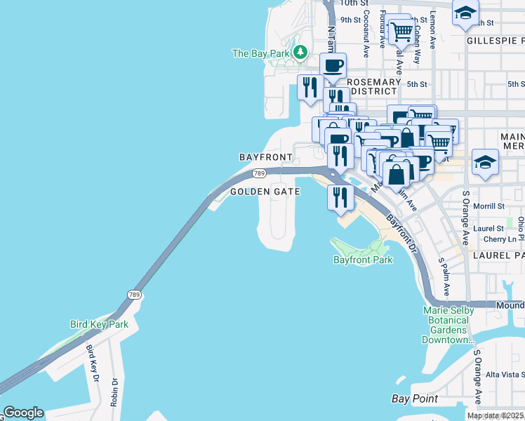 map of restaurants, bars, coffee shops, grocery stores, and more near 280 Golden Gate Point in Sarasota