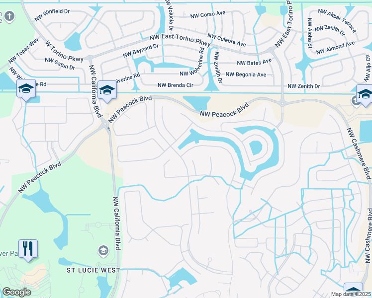 map of restaurants, bars, coffee shops, grocery stores, and more near 435 Northwest Coolwater Court in Port St. Lucie