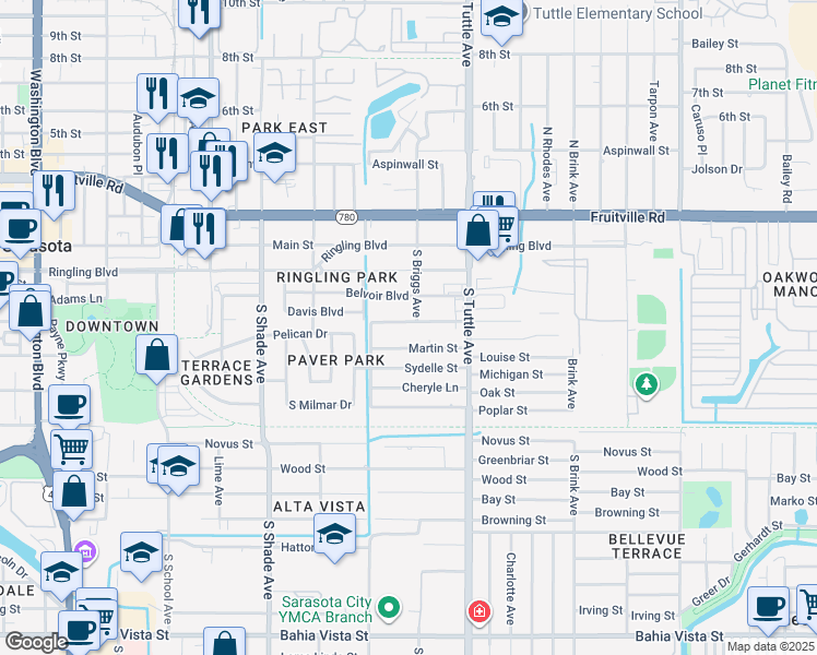 map of restaurants, bars, coffee shops, grocery stores, and more near 2665 Martin Street in Sarasota