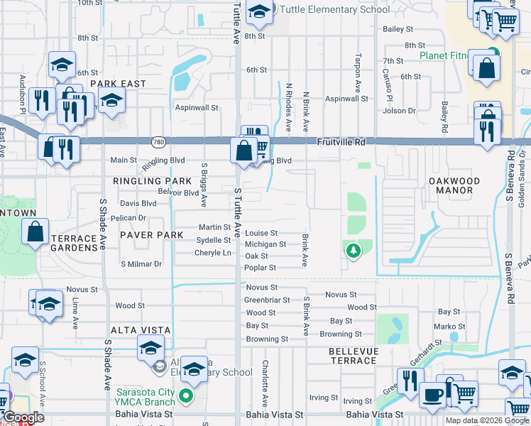 map of restaurants, bars, coffee shops, grocery stores, and more near 2894 Sequoia Lane in Sarasota