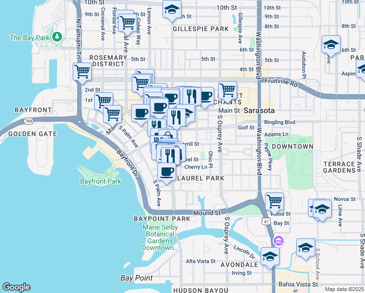 map of restaurants, bars, coffee shops, grocery stores, and more near 1644 Dolphin Lane in Sarasota