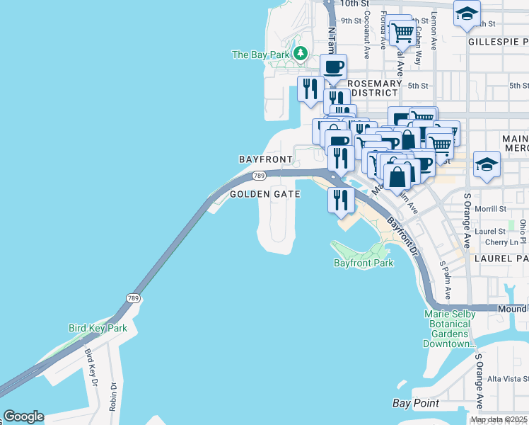 map of restaurants, bars, coffee shops, grocery stores, and more near 226 Golden Gate Point in Sarasota
