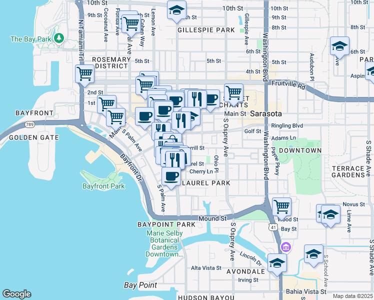 map of restaurants, bars, coffee shops, grocery stores, and more near 1644 Dolphin Lane in Sarasota