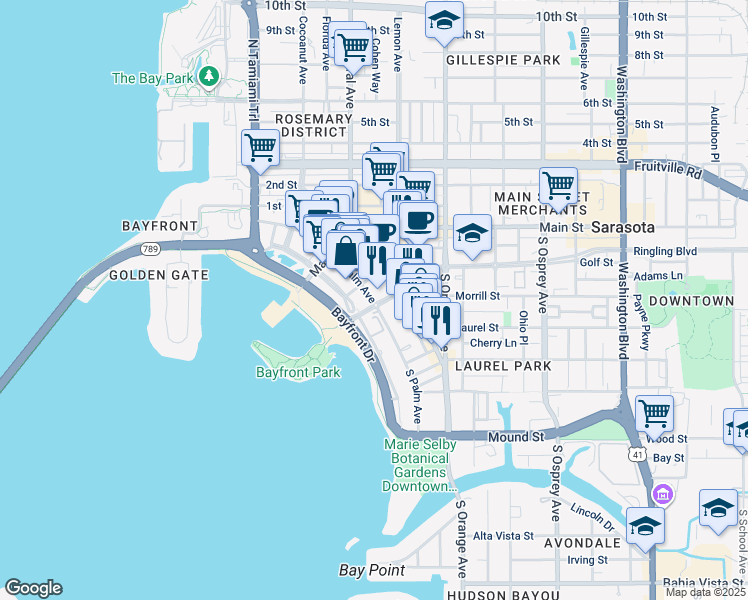 map of restaurants, bars, coffee shops, grocery stores, and more near 301 South Gulfstream Avenue in Sarasota