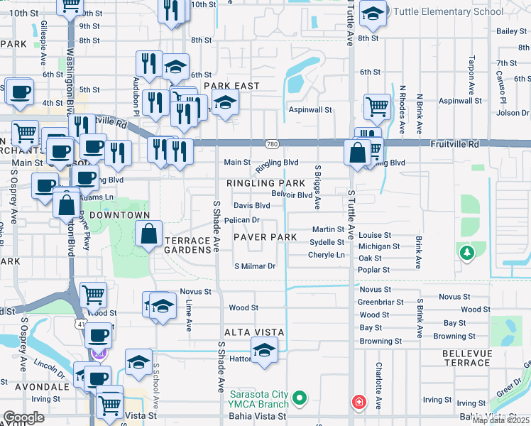 map of restaurants, bars, coffee shops, grocery stores, and more near 2533 Davis Boulevard in Sarasota