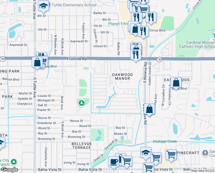 map of restaurants, bars, coffee shops, grocery stores, and more near 113 White Oak Way in Sarasota