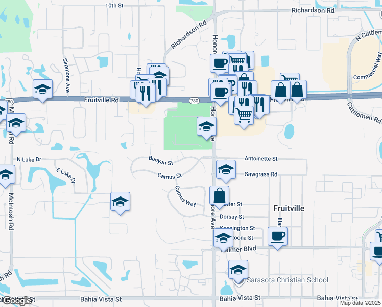 map of restaurants, bars, coffee shops, grocery stores, and more near 5187 Bunyan Street in Sarasota