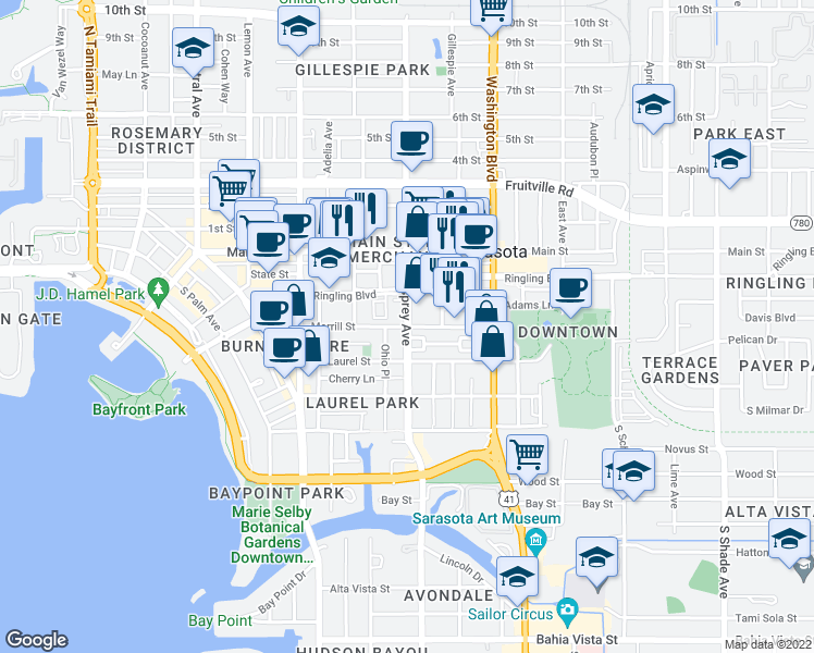 map of restaurants, bars, coffee shops, grocery stores, and more near S Osprey Ave & Morrill St in Sarasota